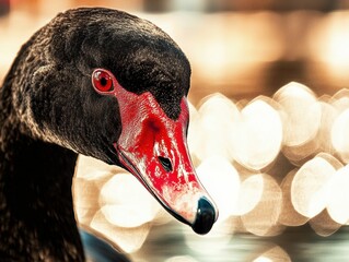 close-up of a black swan showcasing its striking red beak and intense gaze against a shimmering wate