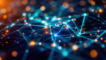 Poster - Abstract network concept with glowing blue and orange nodes and lines