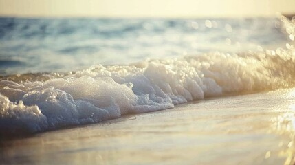 Poster - close-up of waves gently crashing on sandy beach framed by soft natural light and blurred background