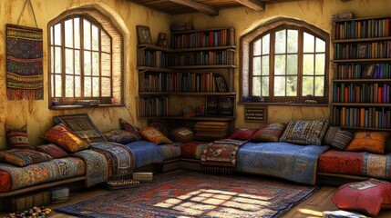 Poster - Cozy Reading Nook with Colorful Cushions and Bookshelves in a Sunlit Room