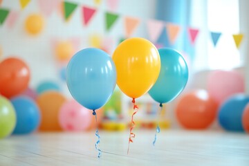 Aufkleber - Colorful toys and balloons create a joyful atmosphere in a cheerful child playroom filled with vivid decorations and playful elements. Generative AI