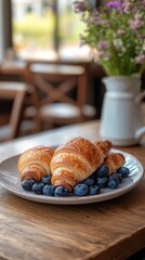 Wall Mural - Freshly baked croissants on a white plate near a window with natural light