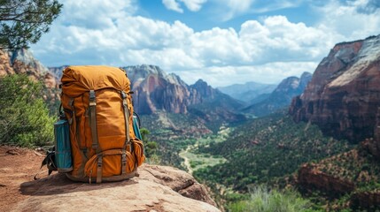 Wall Mural - Exploring nature with a vintage backpack near a tranquil lake at sunset