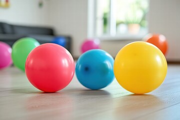 Poster - Colorful toys and balloons create a joyful atmosphere in a vibrant child playroom with natural light streaming through windows. Generative AI