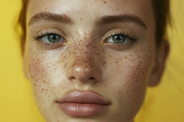 Wall Mural - Close-up portrait of a woman with distinct freckles on her face