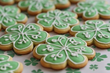 Row of green and white cookies with white icing and a green leaf design. The cookies are arranged in a neat row on a white background