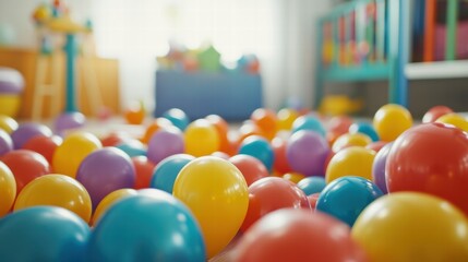 Poster - Colorful toys and balloons create a joyful environment in a vibrant child playroom for imaginative activities. Generative AI