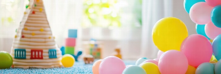 Poster - Colorful toys and balloons create a joyful atmosphere in a childs playful space filled with wonder and imagination. Generative AI