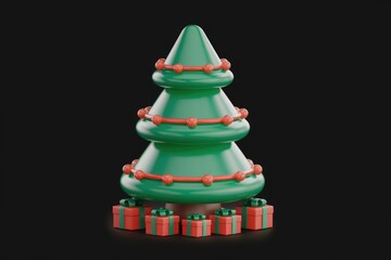 Poster - A stylized 3D rendering of a Christmas tree adorned with ornaments and surrounded by gifts.