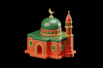 Poster - A 3D model of a mosque, showcasing its vibrant orange and green architecture, with a crescent moon adorning the dome.