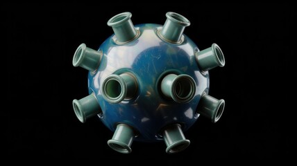 Poster - A dark blue spherical object with twelve teal tubes protruding, resembling a futuristic gadget or scientific instrument.