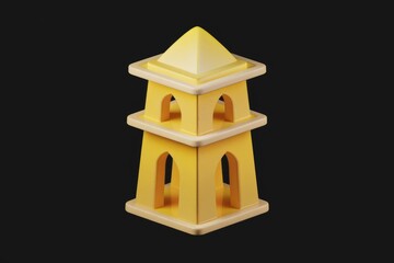 Poster - A stylized, two-story yellow tower with arched openings, rendered in 3D.