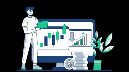 Poster - A European man analyzing financial data on a computer while standing beside a plant and stacks of coins.
