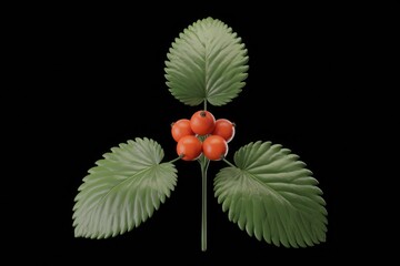 Poster - A cluster of vibrant orange berries adorns a plant with three distinct, serrated leaves against a stark transparent background.