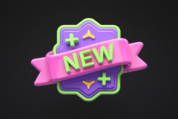 Poster - A 3D rendered new product badge with a pink ribbon and purple label.