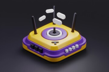 Poster - A stylized 3D render of a wireless router emitting signal waves, vibrant yellow and purple.
