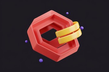 Fototapete - Abstract 3D rendering of interconnected coral and yellow shapes against a dark background.