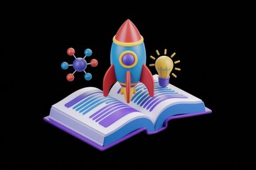 Poster - A book open with a rocket, molecule, and lightbulb, symbolizing knowledge, innovation, and scientific breakthroughs.