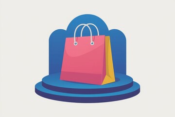 Poster - A pink shopping bag sits on a blue platform, symbolizing online shopping and retail.