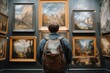 © olegganko - Exploring art in a gallery with historical paintings on display and an observer in a backpack