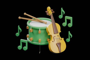 Poster - A 3D rendering of a green drum and yellow violin with musical notes.