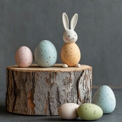 Easter eggs and bunny on a wooden stand with space for text