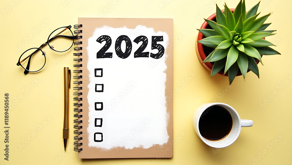 New year resolutions 2025 on desk. 2025 resolutions list with notebook ...
