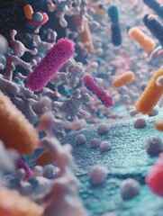 Aufkleber - Close up view of colorful microbes on various everyday surfaces reflecting common hygiene concerns in daily life. Generative AI