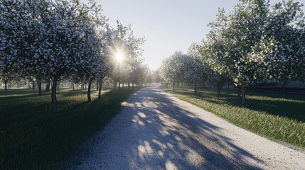 Wall Mural - Sunlit Pathway Through Blooming Orchard at Dawn