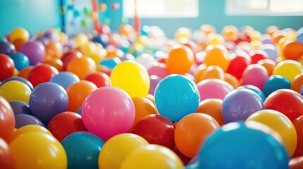 Poster - Joyful child playroom filled with colorful toys and balloons creating a vibrant atmosphere for fun and learning. Generative AI