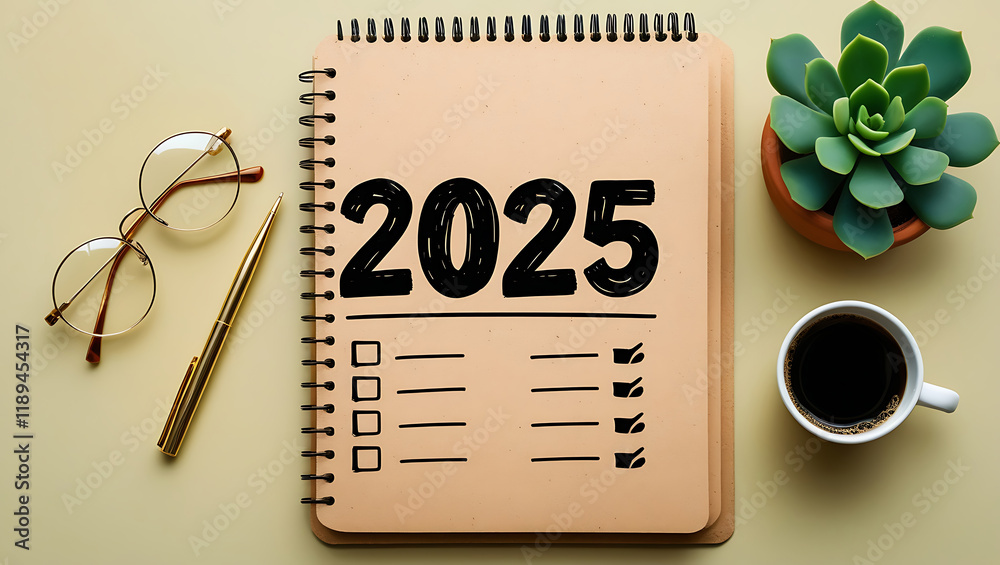New year resolutions 2025 on desk. 2025 resolutions list with notebook ...