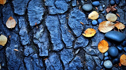 Poster - Autumn Leaves on Dark Blue Stone Path Background