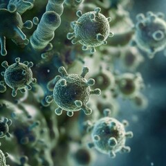 Aufkleber - Close up view of microbes on surfaces like door handles and smartphones under magnification revealing unseen details. Generative AI