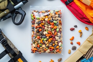 Poster - flat lay of colorful trail mix in resealable bag surrounded by hiking gear on clean background