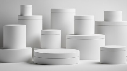 Wall Mural - A collection of minimalist white cylindrical and round boxes on a light background.