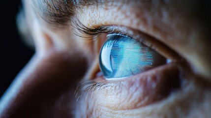 Close-up man eye reflects computer screen with complex stats. Serious focused gaze concentration, determination. Focused on digital data analysis. Indoor setting. Young adult male. Technical