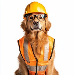 Wall Mural - Golden Retriever dog wearing a hard hat, safety glasses, and safety vest.