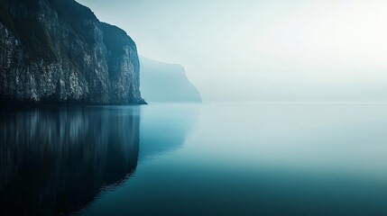 The tranquil ocean reflects steep cliffs shrouded in gentle dawn mist, creating a peaceful ambiance that invokes a sense of majesty and timeless beauty.