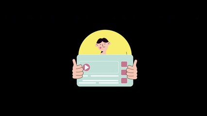 Poster - A cartoon character holding a video play button card in a flat design style.