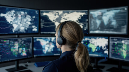 Poster - focused analyst in headset monitors global trends. multiple screens display maps, data visualization