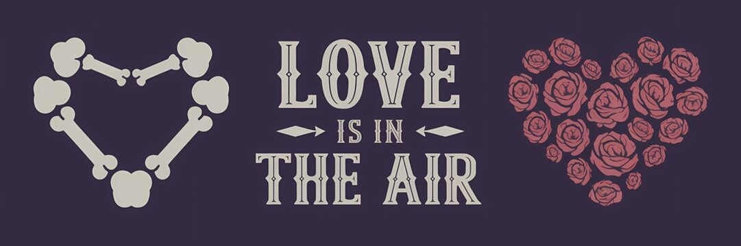 A creative minimalist Valentines Day poster design with a retro dark theme. There's a heart made of bones and a heart made of roses. The text 