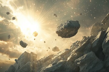 Wall Mural - asteroids and rocks floating in space with a bright star