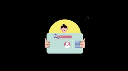 Poster - A character holding a search interface, with a surprised expression, depicted in a flat design style.