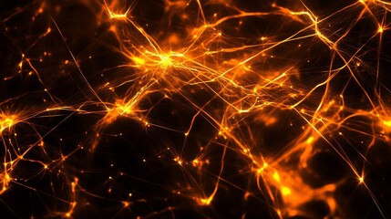 Abstract glowing orange network pattern on black background.