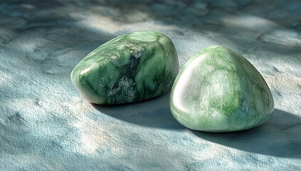 Wall Mural - two polished green stones on a textured surface.
