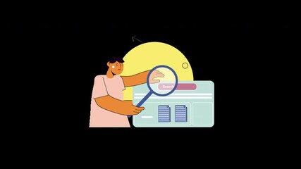 Aufkleber - A character using a magnifying glass to search on a computer screen, featuring a yellow background.