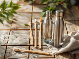 Aufkleber - bamboo toothbrushes, a glass water bottle, and a metal water bottle on a wooden table. There is also a green leafy plant in the background and a beige cloth near the toothbrushes.