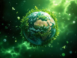 Poster - stylized globe with lush greenery and leaves surrounding it, symbolizing the Earth's natural beauty and the importance of preserving the environment. The green glow and the intricate details add a sur