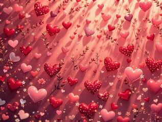Aufkleber - pattern of red and pink hearts, some of which are decorated with white dots, against a pink background.
