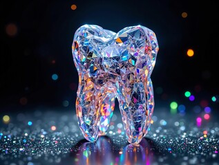 Aufkleber - tooth-shaped object made of translucent, glittery material, possibly a glass or crystal, with sparkling colors on a dark, possibly black background. The glittering effect adds a festive or celebratory